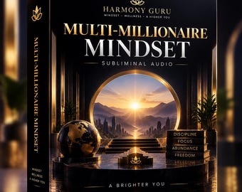 May include: A black box titled Multi-Millionaire Mindset Subliminal Audio by Harmony Guru. The cover features a gold globe, a stack of books labelled Discipline, Focus, Abundance, Freedom, and a circular window view of a sunrise over a city skyline.