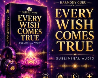 May include: A rectangular product box labelled Harmony Guru Every Wish Comes True Subliminal Audio, featuring a purple and gold lotus design, a crescent moon, and a pair of purple headphones. The text Every Wish Comes True is displayed in gold.