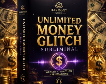 May include: A black rectangular box with gold text reading HARMONY GURU UNLIMITED MONEY GLITCH SUBLIMINAL WEALTH ATTRACTION AFFIRMATIONS. The box features a gold dollar sign icon, headphone symbols, and is surrounded by gold coins and dollar bills.