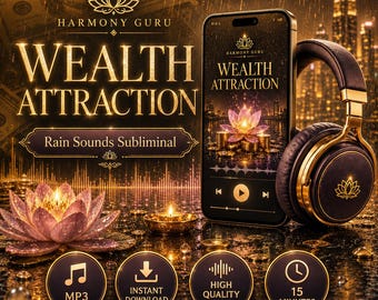 May include: A digital graphic featuring a smartphone displaying a Wealth Attraction audio track with a lotus flower icon, next to black and gold headphones. Text includes Harmony Guru, Wealth Attraction, Rain Sounds Subliminal, MP3, Instant Download, High Quality Audio, and 15 Minutes.