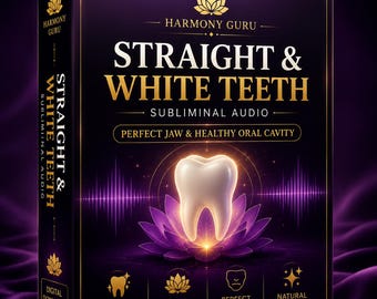 May include: A rectangular product box for Harmony Guru Straight & White Teeth subliminal audio. The dark purple packaging features a glowing white tooth above a purple lotus flower, gold text, and icons for radiant smile, oral wellness, and jaw.