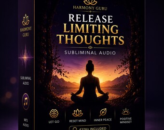 Może przedstawiać: Czarne prostokątne pudełko z nagraniem subliminalnym Harmony Guru Release Limiting Thoughts. Z przodu znajduje się sylwetka osoby medytującej o zachodzie słońca, złoty tekst oraz ikony Let Go, Reset Mind, Inner Peace, Positive Mindset i 432Hz.