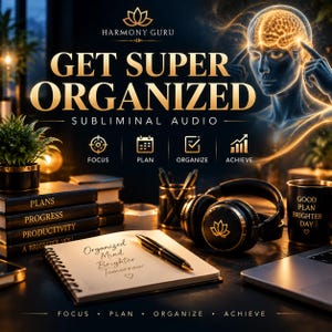 May include: A digital graphic for Harmony Guru subliminal audio titled GET SUPER ORGANIZED. It features a glowing human head silhouette, black headphones with a lotus logo, a notebook with the text Organized Mind Brighter Tomorrow, and a mug.