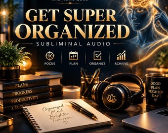 May include: A digital graphic for Harmony Guru subliminal audio titled GET SUPER ORGANIZED. It features a glowing human head silhouette, black headphones with a lotus logo, a notebook with the text Organized Mind Brighter Tomorrow, and a mug.