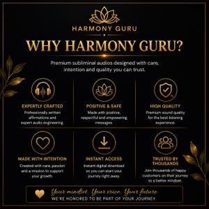 Może przedstawiać: Czarna infografika z tytułem WHY HARMONY GURU? w złotym kolorze z motywami liści. Zawiera sześć cech: Expertly Crafted, Positive & Safe, High Quality, Made With Intention, Instant Access oraz Trusted By Thousands, wraz z dolnym tekstem.
