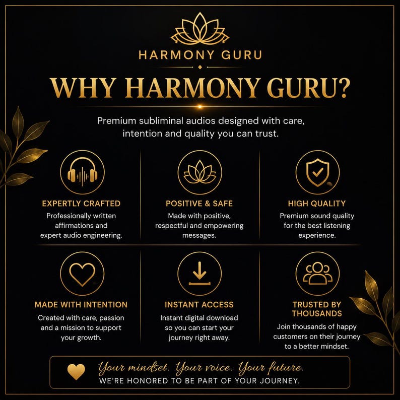 Może przedstawiać: Czarna infografika z tytułem WHY HARMONY GURU? w złotym kolorze z motywami liści. Zawiera sześć cech: Expertly Crafted, Positive & Safe, High Quality, Made With Intention, Instant Access oraz Trusted By Thousands, wraz z dolnym tekstem.