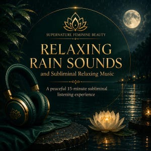 Może przedstawiać: Ciemnozielone słuchawki ze złotymi akcentami i symbolem lotosu, obok świecącego białego kwiatu lotosu i latarni. Tekst głosi: SUPERNATURE FEMININE BEAUTY RELAXING RAIN SOUNDS and Subliminal Relaxing Music A peaceful 15-minute subliminal listening experience.
