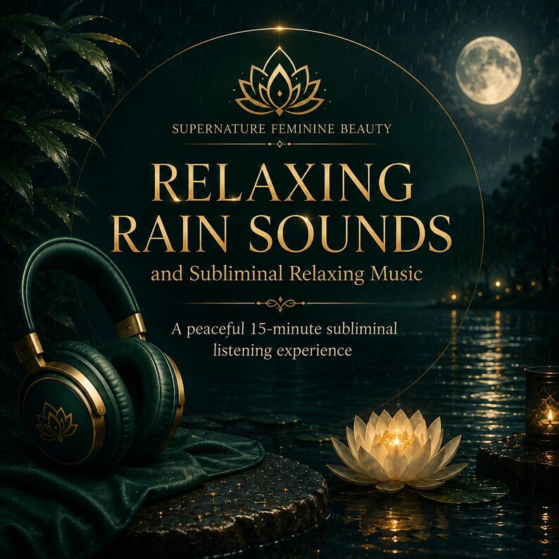 Może przedstawiać: Ciemnozielone słuchawki ze złotymi akcentami i symbolem lotosu, obok świecącego białego kwiatu lotosu i latarni. Tekst głosi: SUPERNATURE FEMININE BEAUTY RELAXING RAIN SOUNDS and Subliminal Relaxing Music A peaceful 15-minute subliminal listening experience.