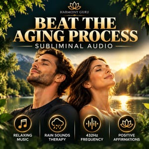May include: A digital graphic for Harmony Guru Beat The Aging Process subliminal audio. It features text, icons for relaxing music, rain sounds therapy, 432Hz frequency, and positive affirmations, set against a backdrop of a lake and mountains.