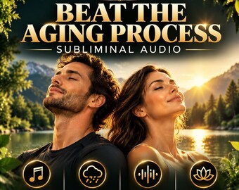 May include: A digital graphic for Harmony Guru Beat The Aging Process subliminal audio. It features text, icons for relaxing music, rain sounds therapy, 432Hz frequency, and positive affirmations, set against a backdrop of a lake and mountains.