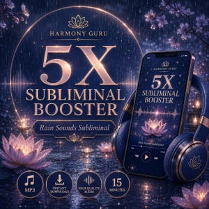 May include: A digital product display featuring a smartphone and headphones with the text 5X SUBLIMINAL BOOSTER and HARMONY GURU. The screen shows a lotus flower graphic, audio controls, and the text Rain Sounds Subliminal. Includes MP3, Instant Download, High Quality Audio, and 15 Minutes icons.