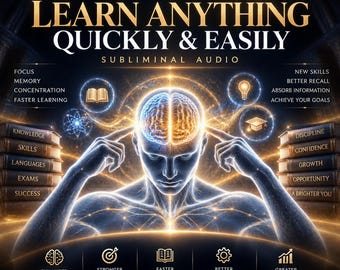 May include: A digital graphic titled HARMONY GURU LEARN ANYTHING QUICKLY & EASILY SUBLIMINAL AUDIO. It features a glowing human silhouette with a highlighted brain, flanked by stacks of books labelled with various personal development terms.