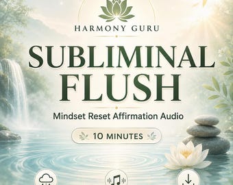 May include: A digital audio product graphic titled Harmony Guru Subliminal Flush Mindset Reset Affirmation Audio. The image features a waterfall, stacked stones, and a lotus flower. It includes text for 10 minutes, rain sounds, subliminal music, and instant download.