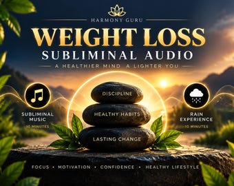 May include: A digital graphic for Harmony Guru Weight Loss Subliminal Audio featuring a stack of three dark stones with the words Discipline, Healthy Habits, and Lasting Change. Includes icons for Subliminal Music and Rain Experience audio tracks.