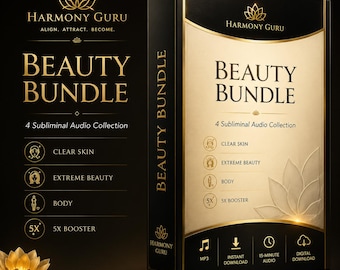 May include: A black and gold rectangular box labeled Harmony Guru Beauty Bundle 4 Subliminal Audio Collection. The box features icons for Clear Skin, Extreme Beauty, Body, and 5X Booster, with MP3, instant download, and 15-minute audio text.
