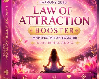 May include: A square box titled Harmony Guru Law of Attraction Booster Manifestation Booster Subliminal Audio. The cover features a person meditating in front of a glowing lotus and mountains, with icons for energy, abundance, dreams, mind, and focus.
