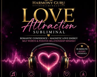 May include: A digital product graphic titled Harmony Guru Love Attraction Subliminal featuring gold and pink text on a black background. It displays headphones over a glowing pink heart, with icons for MP3 audio, rain sounds, and PDF guides.