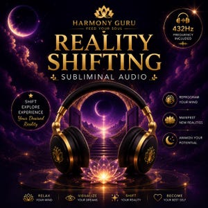 May include: Black and gold headphones featuring a lotus flower emblem on each ear cup. The text reads Harmony Guru, Reality Shifting Subliminal Audio, 432Hz Frequency Included, Shift Explore Experience Your Desired Reality, Reprogram Your Mind, Manifest New Realities, Awaken Your Potential, Relax Your Mind, Visualize Your Dreams, Shift Your Reality, Become Your Best Self.