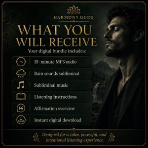 Może przedstawiać: Cyfrowa infografika pakietu zatytułowana Harmony Guru What You Will Receive. Zawiera 15-minutowe nagranie MP3, podprogowe dźwięki deszczu, podprogową muzykę, instrukcje słuchania, przegląd afirmacji oraz natychmiastowe pobranie cyfrowe.