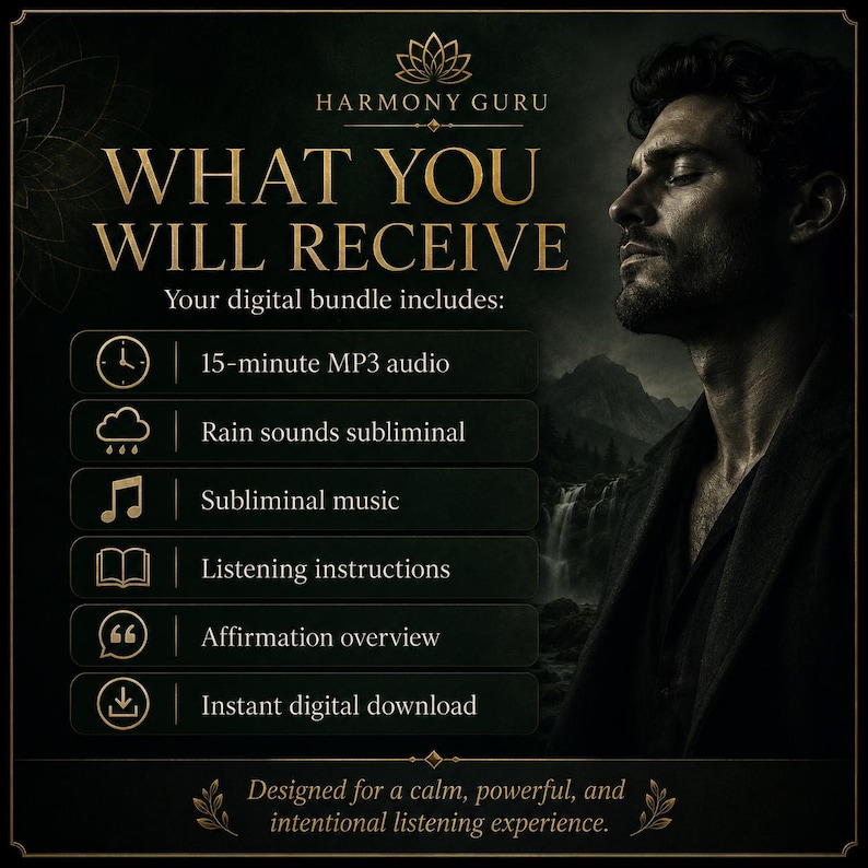 Może przedstawiać: Cyfrowa infografika pakietu zatytułowana Harmony Guru What You Will Receive. Zawiera 15-minutowe nagranie MP3, podprogowe dźwięki deszczu, podprogową muzykę, instrukcje słuchania, przegląd afirmacji oraz natychmiastowe pobranie cyfrowe.