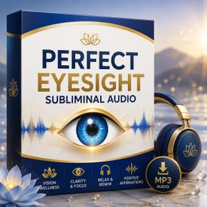 May include: A rectangular box labeled PERFECT EYESIGHT SUBLIMINAL AUDIO with a central blue eye graphic, gold accents, and text including VISION WELLNESS, CLARITY & FOCUS, RELAX & RENEW, and POSITIVE AFFIRMATIONS, accompanied by blue and gold headphones.
