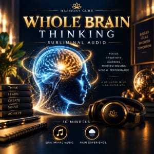 May include: A digital graphic for Whole Brain Thinking subliminal audio featuring a glowing blue and gold human head silhouette with a brain, black headphones with a gold lotus logo, a stack of books labeled Think, Learn, Create, Solve, Achieve.
