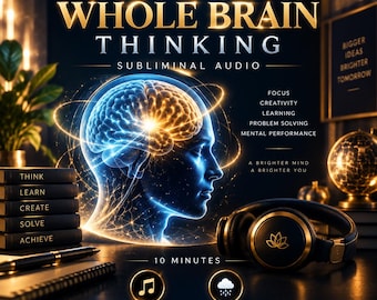 May include: A digital graphic for Whole Brain Thinking subliminal audio featuring a glowing blue and gold human head silhouette with a brain, black headphones with a gold lotus logo, a stack of books labelled Think, Learn, Create, Solve, Achieve.