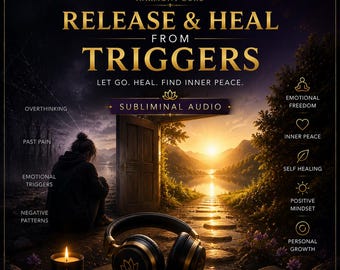 May include: A digital graphic titled RELEASE & HEAL FROM TRIGGERS featuring a person sitting near an open door looking at a sunset over a lake. Includes black and gold headphones, a lit candle, and text listing emotional benefits and 432Hz audio.