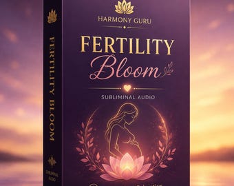 May include: A rectangular purple box labelled Harmony Guru Fertility Bloom Subliminal Audio. The front features a gold lotus flower, a glowing silhouette of a pregnant figure, and the text 432 Hz Theta Relaxation. The side panel also displays the title.