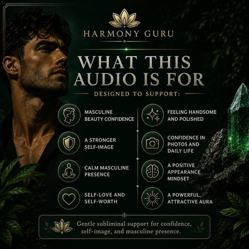Może przedstawiać: Ciemnozielona grafika informacyjna z tytułem Harmony Guru What This Audio Is For. Zawiera wizerunek mężczyzny, zielony kryształ oraz tekst wymieniający korzyści, takie jak pewność siebie w męskim pięknie, silniejszy obraz siebie i potężna aura.