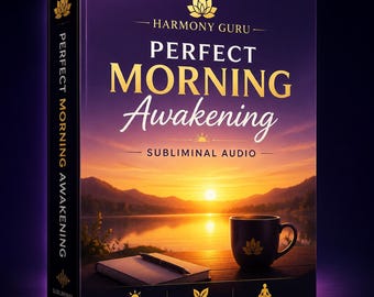 May include: A rectangular product box titled Harmony Guru Perfect Morning Awakening Subliminal Audio. The cover features a sunrise over a lake, a black mug with a lotus logo, and a notebook with a pen. Text includes Fresh Start, Positive Energy, and Daily Motivation.