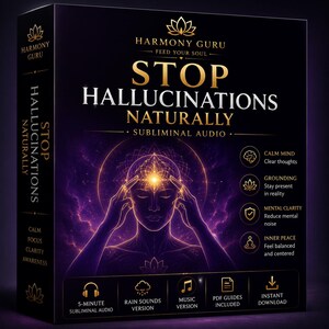 Könnte beinhalten: Eine schwarze Box mit goldenem Text, der Harmony Guru Stop Hallucinations Naturally Subliminal Audio lautet. Das Design zeigt eine leuchtende violette Illustration einer Person mit einem hellen Licht an der Stirn und Symbolen für Audiofunktionen.