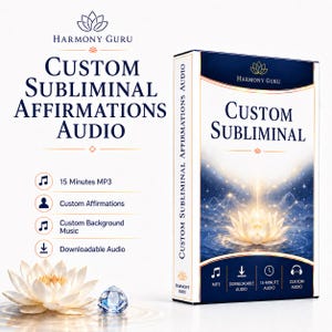 May include: A rectangular product box labelled Custom Subliminal with a lotus flower graphic. Text includes Harmony Guru, Custom Subliminal Affirmations Audio, 15 Minutes MP3, Custom Affirmations, Custom Background Music, and Downloadable Audio.