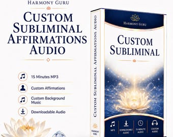 Może przedstawiać: Prostokątne pudełko produktu z napisem Custom Subliminal i grafiką kwiatu lotosu. Tekst zawiera Harmony Guru, Custom Subliminal Affirmations Audio, 15 Minutes MP3, Custom Affirmations, Custom Background Music oraz Downloadable Audio.