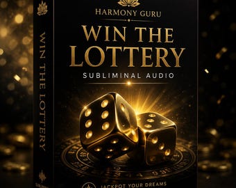 May include: A black rectangular box for a subliminal audio product titled Win The Lottery by Harmony Guru. The cover features gold text, a lotus icon, and two gold dice resting on a circular dial. The text reads Jackpot Your Dreams Manifest Abundance.