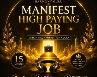 May include: A digital graphic featuring the text HARMONY GURU, MANIFEST HIGH PAYING JOB, and SUBLIMINAL AFFIRMATION AUDIO. The image displays a briefcase on stairs leading to a bright light, gold laurel branches, headphones, and 15 MINUTES text.