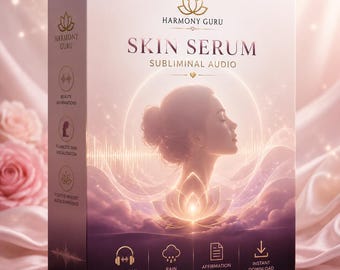 May include: A rectangular product box for Harmony Guru Skin Serum Subliminal Audio. The box features a profile illustration of a person, a glowing lotus flower, and sound wave graphics. Text includes Beauty Affirmations and Instant Download.