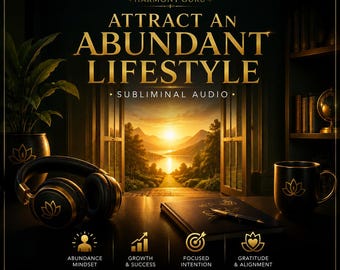 May include: A black and gold set featuring headphones, a mug, and a notebook with a pen, all displaying a lotus logo. The text reads HARMONY GURU, ATTRACT AN ABUNDANT LIFESTYLE, SUBLIMINAL AUDIO, 432Hz, and labels for ABUNDANCE MINDSET, GROWTH & SUCCESS, FOCUSED INTENTION, and GRATITUDE & ALIGNMENT.
