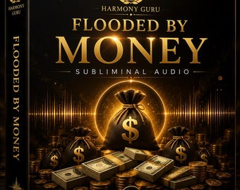 May include: A black box featuring the text Harmony Guru, Flooded By Money, and Subliminal Audio. The design displays gold money bags with dollar signs, stacks of currency notes, and gold coins against a dark background with a glowing light effect.