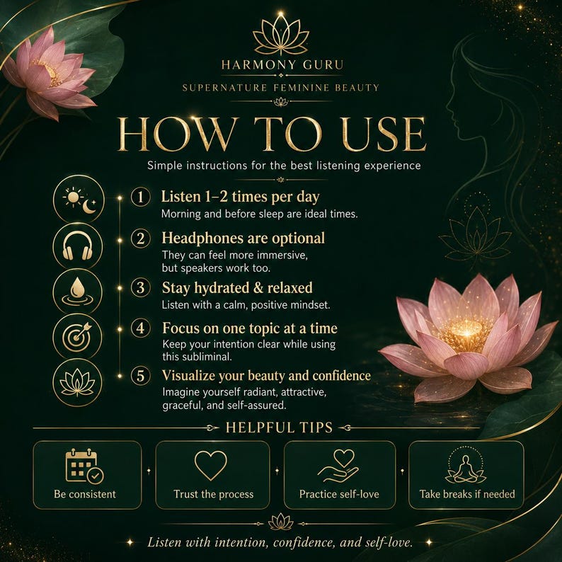 Może przedstawiać: Ciemnozielona grafika instruktażowa zatytułowana Harmony Guru Supernature Feminine Beauty. Zawiera pięć krok&oacute;w użytkowania, w tym słuchanie 1-2 razy dziennie, używanie słuchawek, nawodnienie, skupienie uwagi oraz wizualizację piękna.
