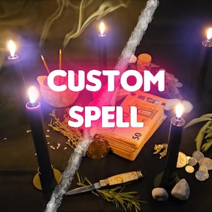 Puede incluir: Imagen con temática de hechizo personalizado con velas encendidas, incienso y un cuchillo. El texto dice "CUSTOM SPELL" y "+20 YEARS EXPERIENCE". El texto adicional dice "SAME DAY CAST - FAST RESULTS".
