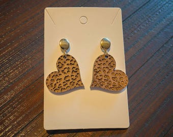 Animal Print Dangle Heart Wooden Earrings