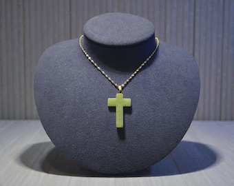 Aqua Natural Stone Cross on a Stainless Steel Singapore Chain Necklace
