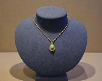 Turquoise Tear Drop Charm on 18K Gold PVD Stainless Steel Singapore Chain Necklace