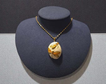 Gold Plated Orange Enameled Dragonfly Pendant on a 18K Gold PVD Stainless Steel Singapore Chain Necklace