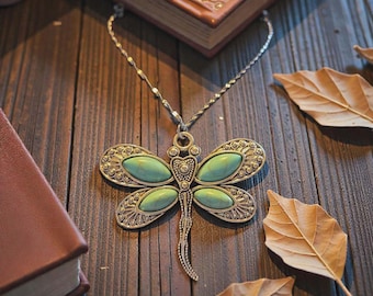 Large Turquoise Dragonfly Pendant on Stainless Steel Singapore Chain Necklace