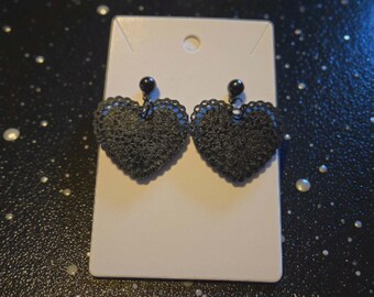 Black Wooden Lace Doily Dangle Heart Earrings