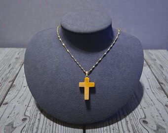 Tan Natural Stone Cross on a Stainless Steel Singapore Chain Necklace
