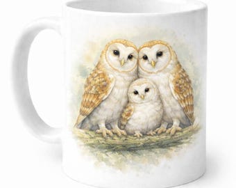 Barn Owl Family Mug: Watercolor Art on White Ceramic, 11oz