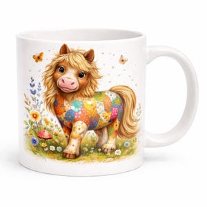 May include: White ceramic mug with a colourful illustration of a pony with a patchwork design. The pony has a blonde mane and tail, and is surrounded by flowers and butterflies. The mug has a curved handle.